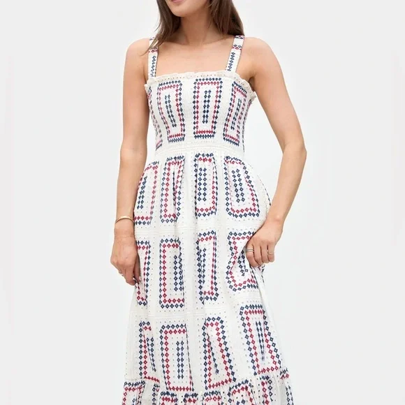 Hill House Anjuli Red, White and Blue Eyelet Maxi Dress - Picture 4 of 12